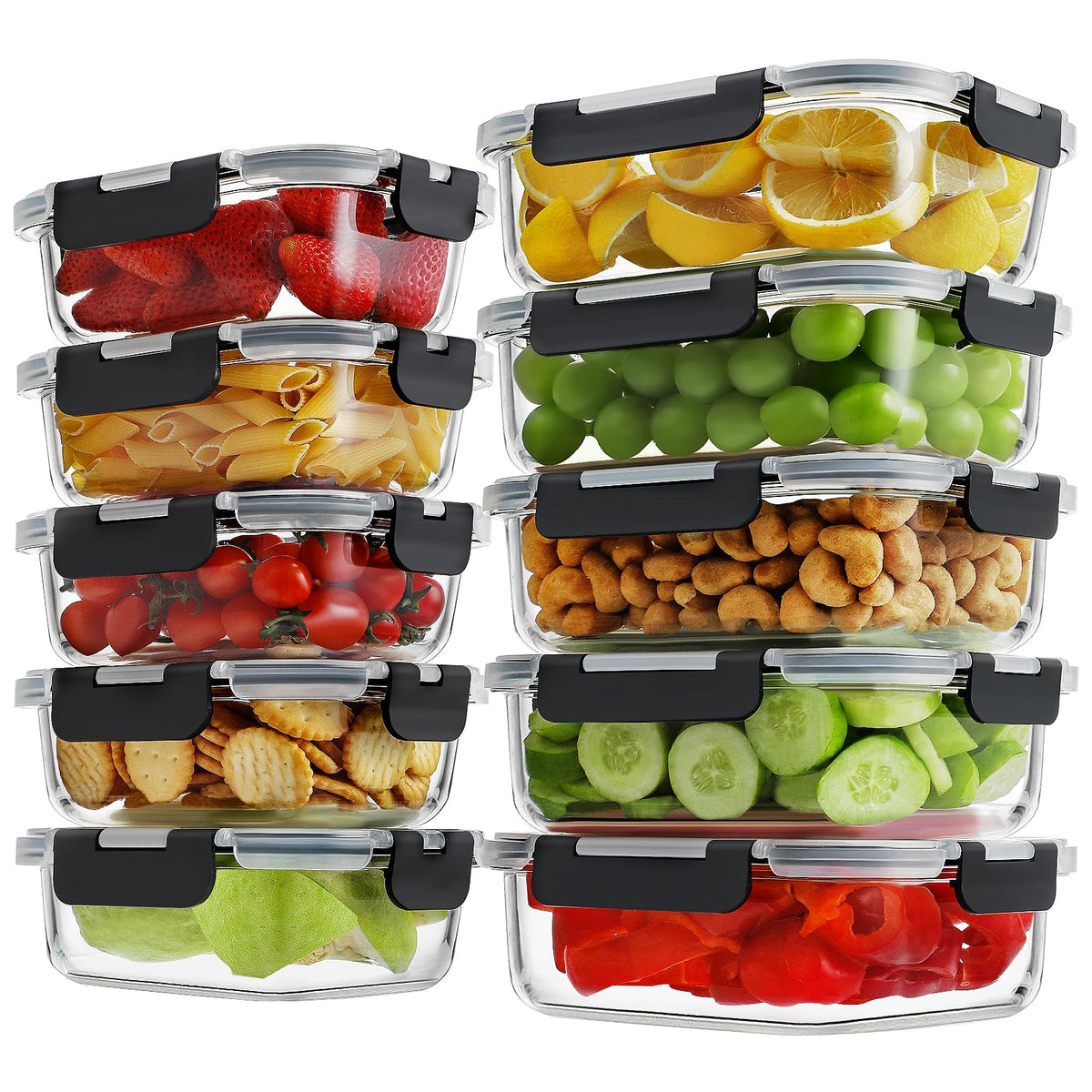 HOMBERKING 10 Pack Borosilicate Glass Meal Prep Containers with Locking Lids, Glass Food Storage Containers Set, Airtight Lunch Bento Boxes, BPA-Free & Leak Proof, 36oz & 14oz, Freezer, Oven Safe