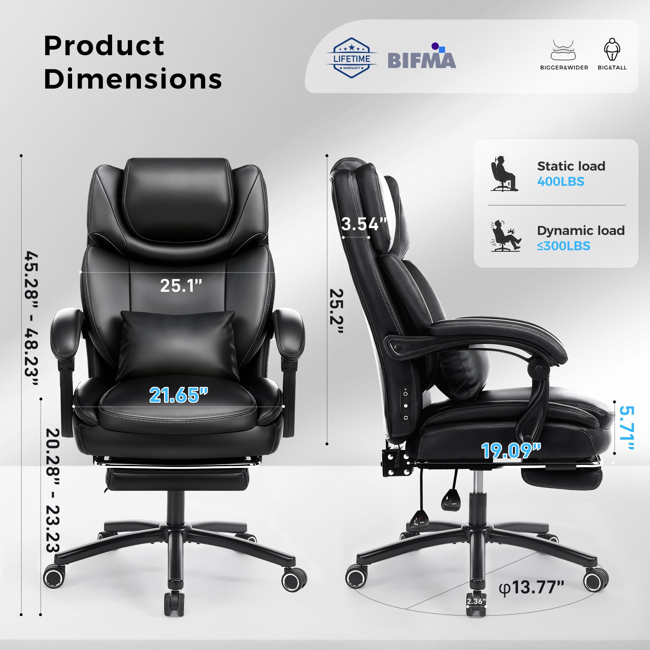 Chairker Big and Tall Massage Heat Office Chair for Executive Gaming People, Black Leather-2