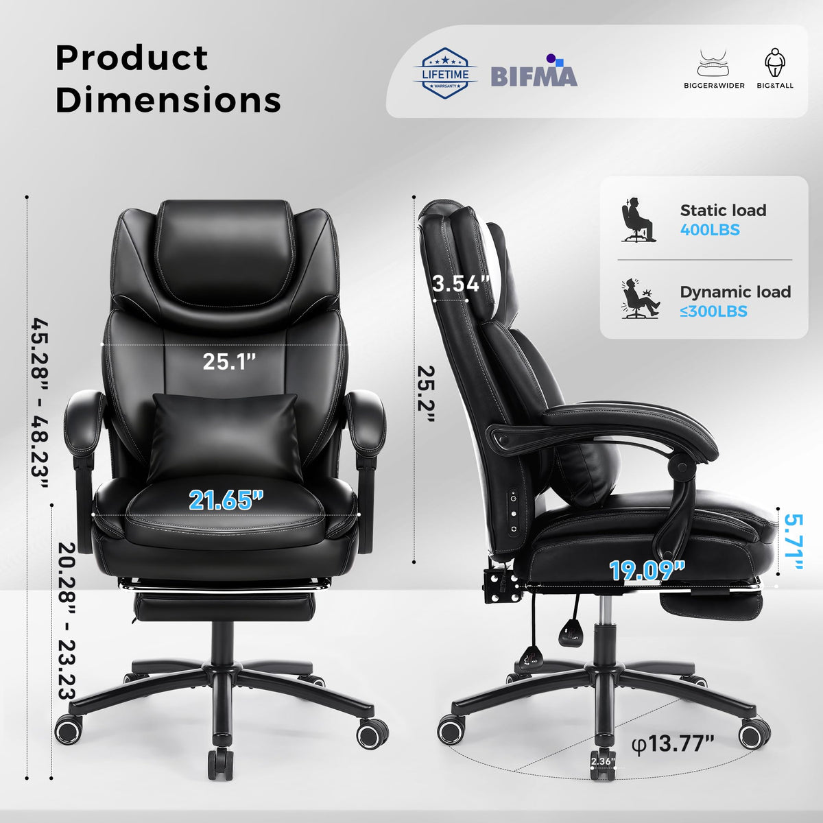 500lbs 3d Kneading Massage Office Chair with Footrest, Big and Tall Ergonomic Reclining Computer Gaming Chair, Padded Linkage Armrests, Heavy