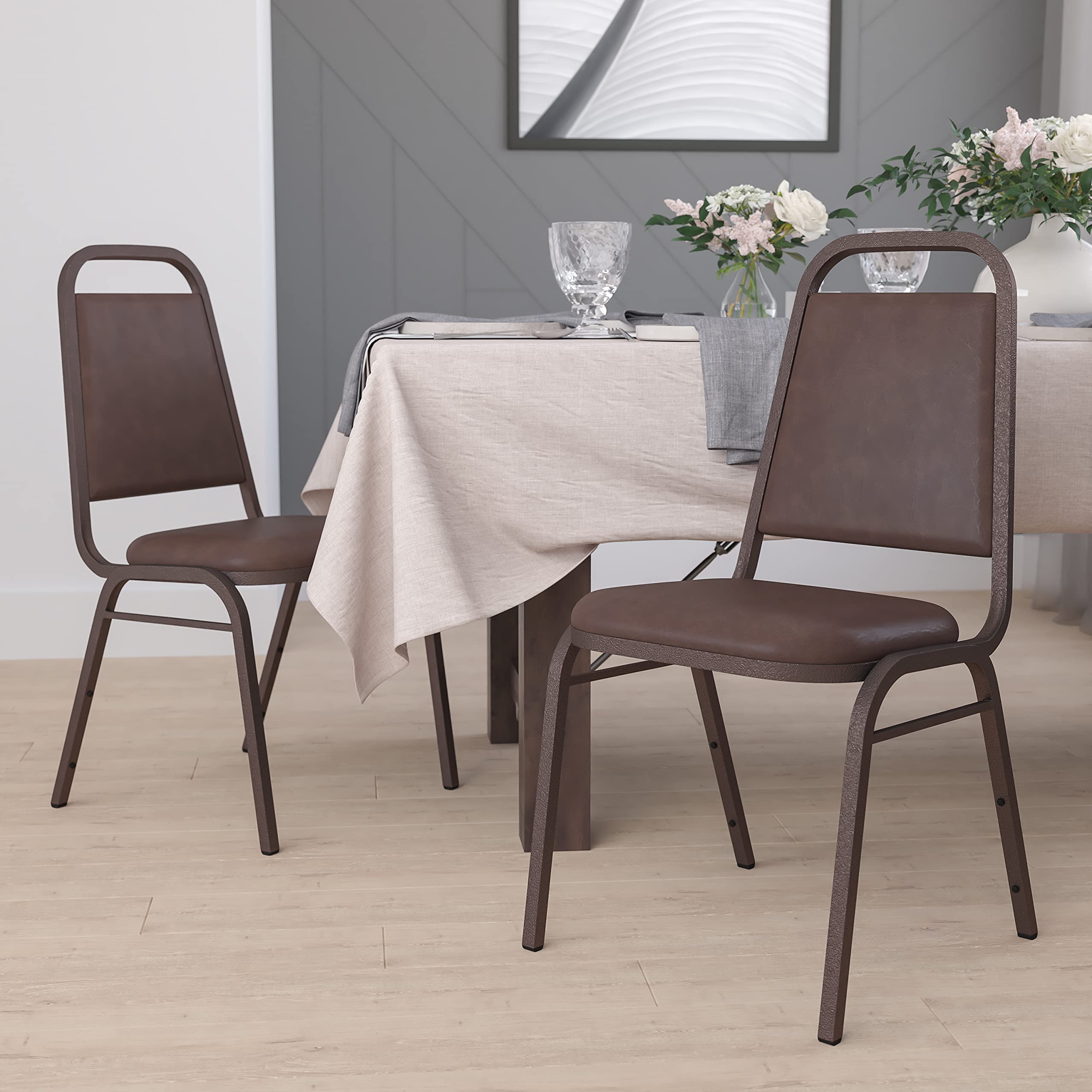 Flash Furniture 4 Pack Hercules Series Trapezoidal Back Stacking Banquet Chair in Brown Vinyl - Copper Vein Frame, Set of 4, Brown Vinyl/copper