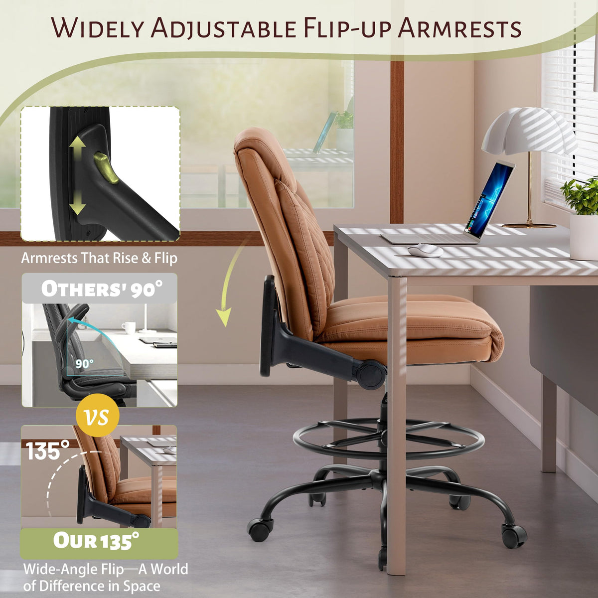 Drafting Chair,executive Tall Office Chair Flip-up Armrests for Counter Height Desk Drawing Use,high Task Chair with Adjustable Foot Ring &
