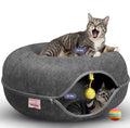 MeowMates Peekaboo Cat Cave Donut Bed for Multiple Cats Upto 45lbs, 3-in-1 Large Cat Tunnel & Donut Bed Combo w Round Tunnel Scratcher for Indoor Cats, Hanging Toy, Washable & Detachable - Dark Grey