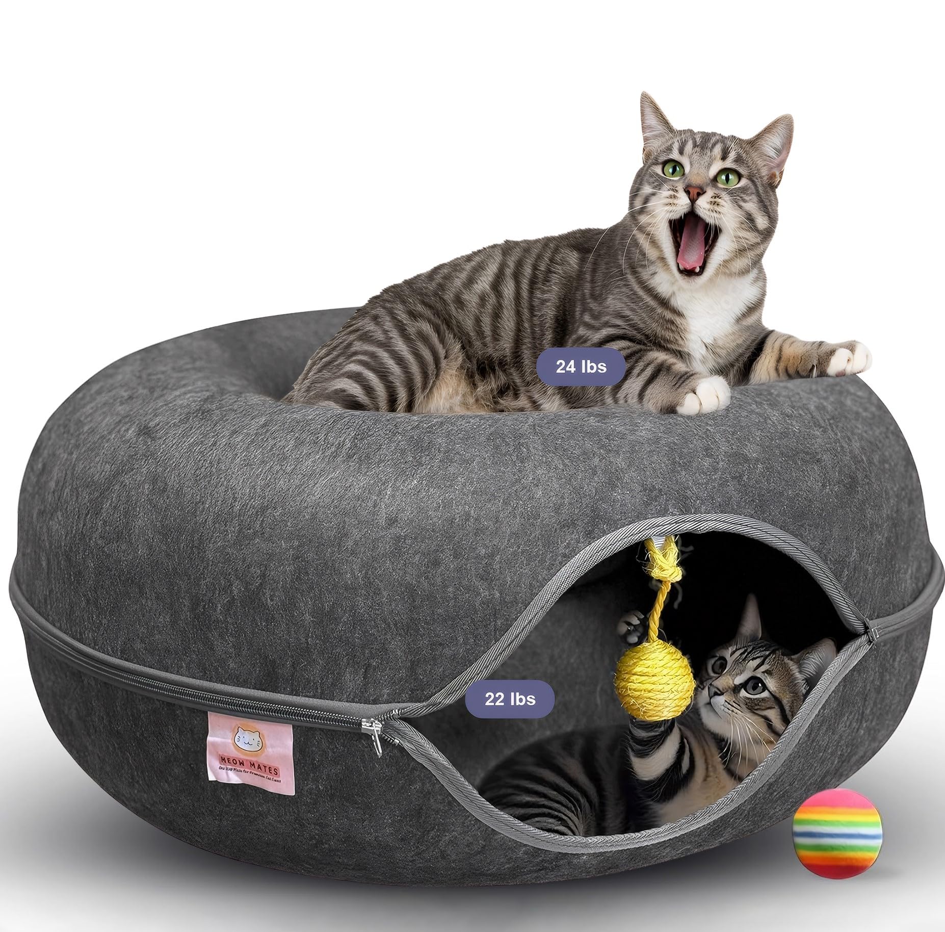 MeowMates Peekaboo Cat Cave Donut Bed for Multiple Cats Upto 45lbs, 3-in-1 Large Cat Tunnel & Donut Bed Combo w Round Tunnel Scratcher for Indoor Cats, Hanging Toy, Washable & Detachable - Dark Grey