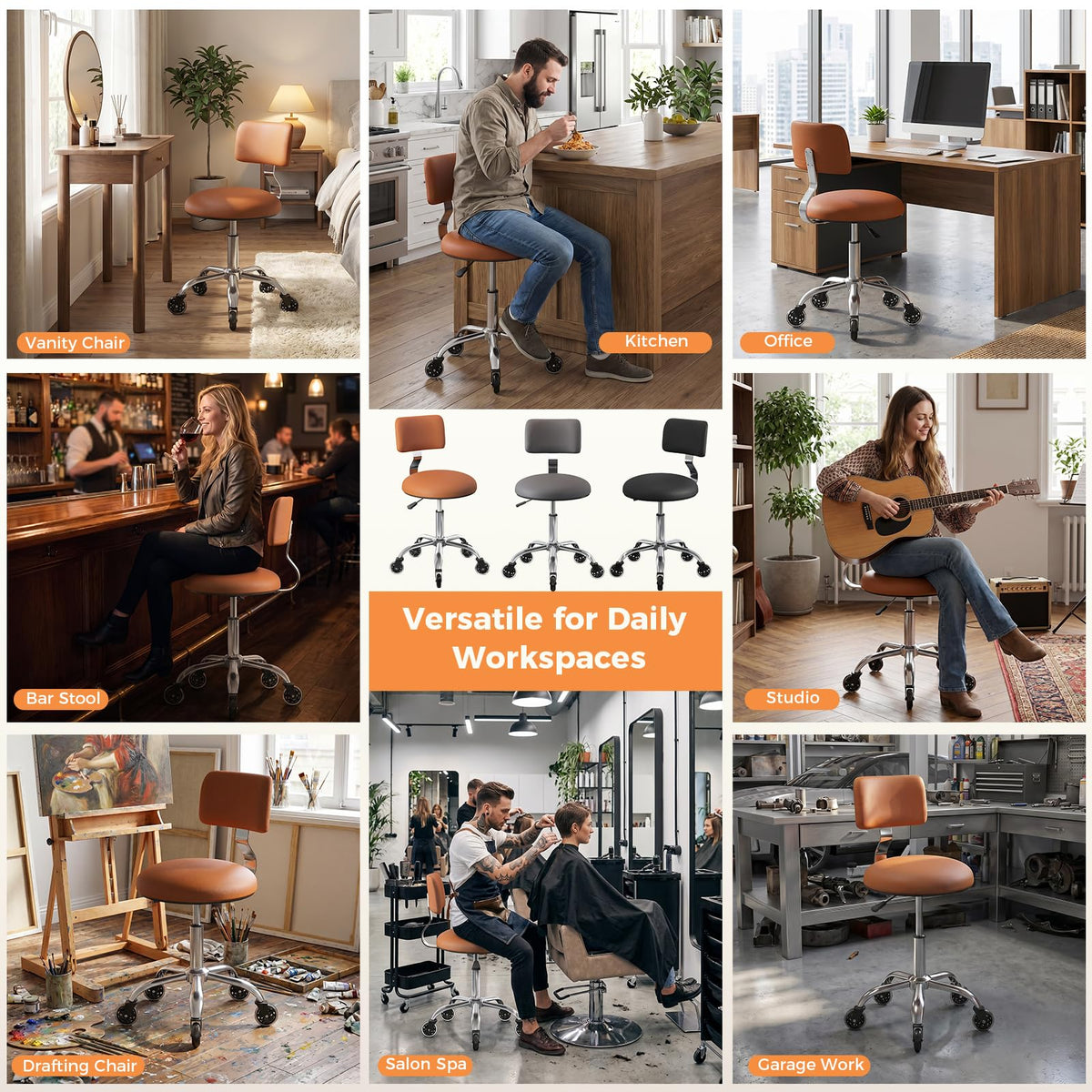 Rolling Stool Chair with Wheels, Office Drafting Chair with Back Support, Height Adjustable Standing Desk Stool with Pu Leather Cushion for