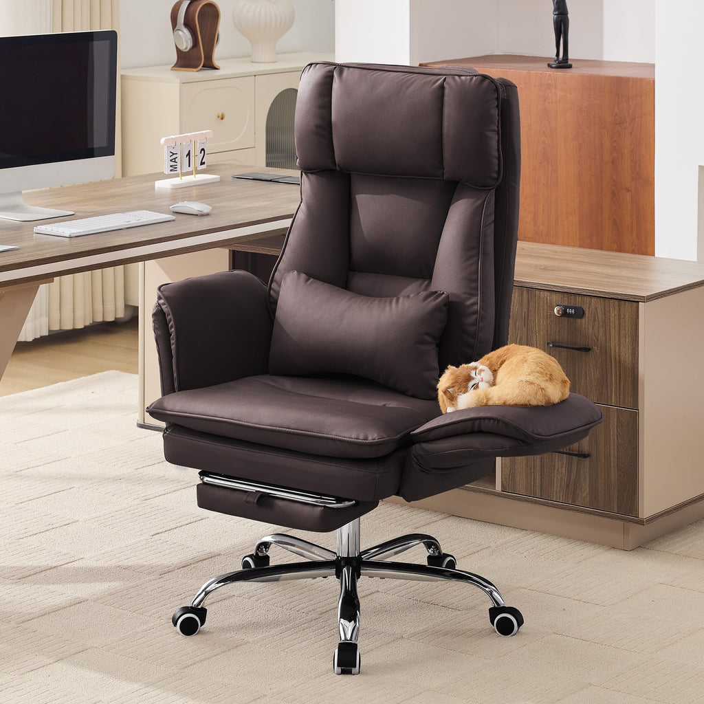 Big and Tall Office Chair, Footrest & Flip Armrest for Pets, Pu Dark Brown, PU Leather