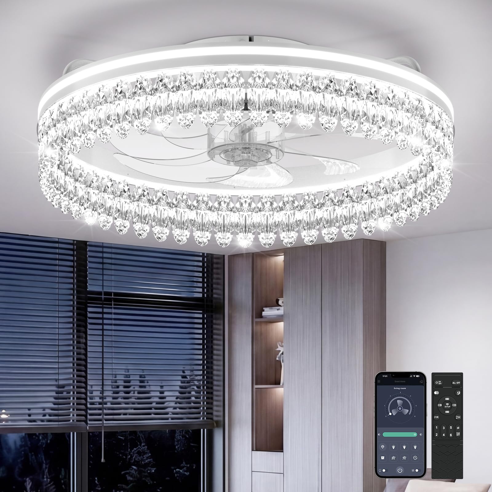 AIKVSXER Ceiling Fans with Lights, APP & Remote Control, 20" Flush Mount Low Profile, Modern Dimmable LED Bladeless Fandelier, Quiet DC Motor Ceiling Fan Light for Bedroom Living Room, White
