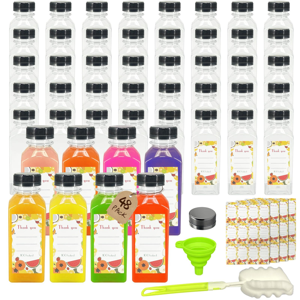 48 Pack 12oz Clear Reusable Plastic Juice Bottles with Caps, Food Grade BPA-Free Leak Proof Juicing Containers with 48 Labels & brush& Silicone Funnels for Homemade Juice, Smoothies & Travel