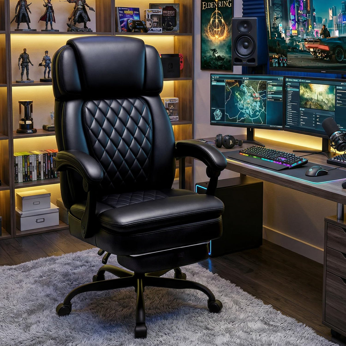 400lbs Executive Office Chair with Foot Rest for Heavy People, Ergonomic Big and Tall Desk Chair with Adjustable Headrest, High Back Pu Leather