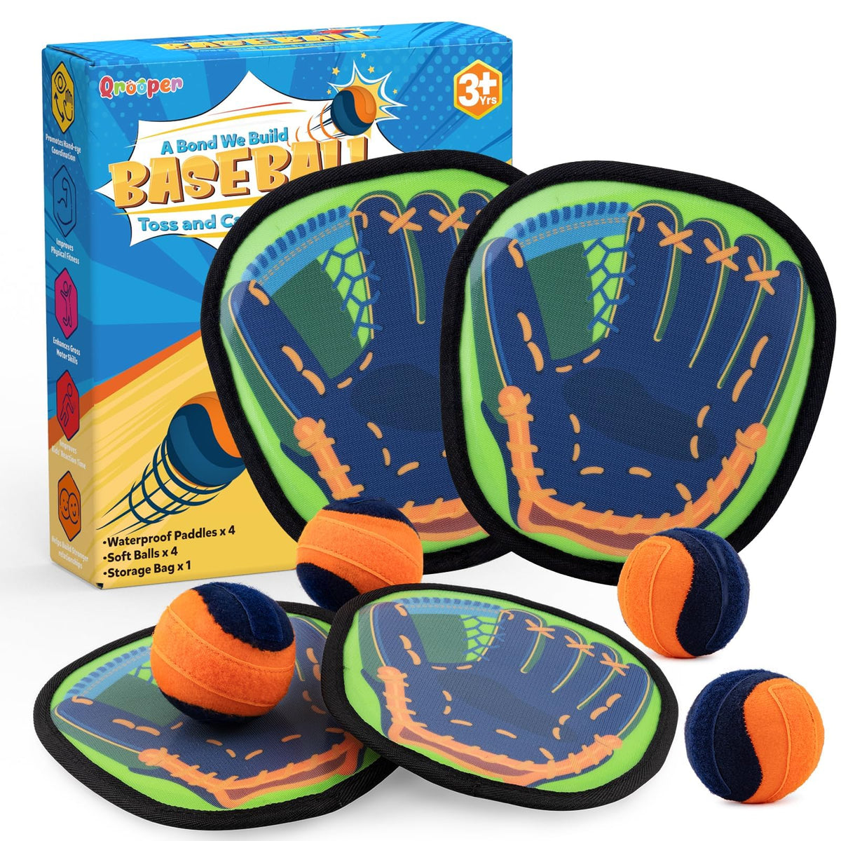 Toss and Catch Ball Game with Soft Balls & Sticky Baseball Gloves - Toys for Indoor, Outdoor, Yard, Beach, Pool, Camping - Birthday Gift for Boys, Girls, Toddler, Kids Ages 3-12 - Green
