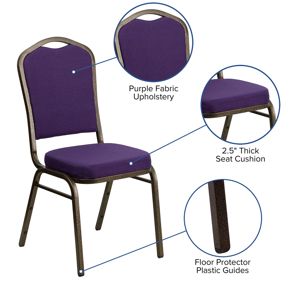 Flash Furniture Hercules Fabric Crown Back Stackable Banquet Chair, Gold, Set of 1, Purple Fabric/gold Vein Frame
