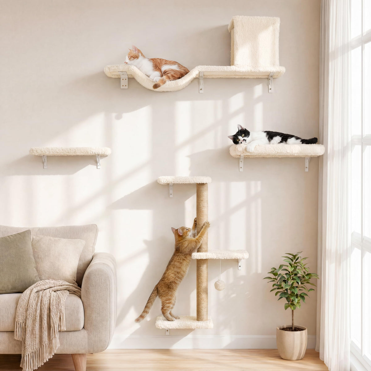 FUKUMARU Cat Wall Shelves, Stable & Safe 5 in 1 Cat Walls Furniture Set, Wooden Kitten Climbing Wall with Scratching Post for 16 Inch Drywall - Beige