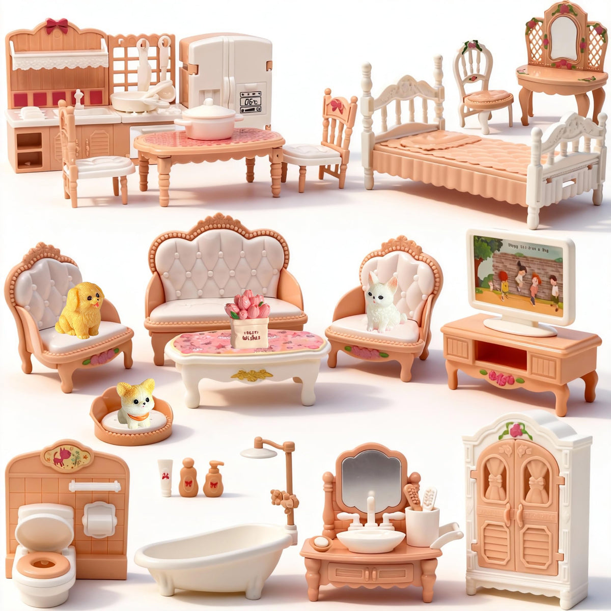 Dollhouse Furniture Set, 38 Pcs Miniature Doll House Accessories with Dogs and Cat ?Kitchen Bedroom Living Room Bathroom Furniture, Toy for Kids Ages 3+ Boys Girls, Great Gift Idea