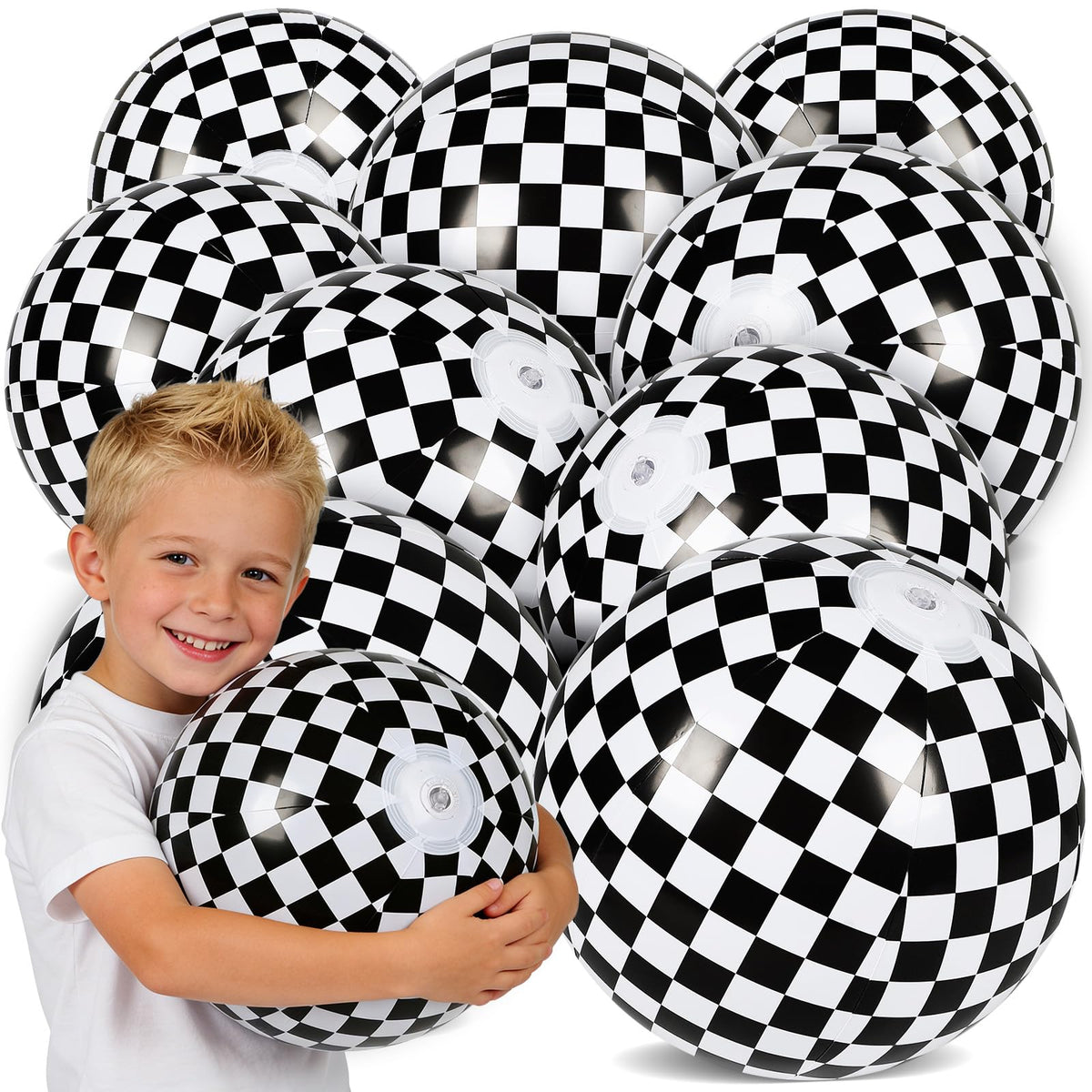 SCIONE 12 Pack 12 Inch Black and White Beach Balls, Checkered Flag Themed Inflatable Beach Ball Bulk Race Car Party Favors, Birthday Party Supplies for Summer Pool Party Decoration