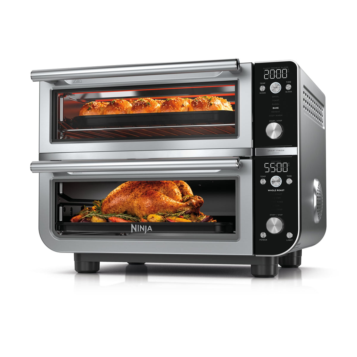 Ninja Double Oven Pro Smart XL Countertop Oven & Air Fryer | 30.2 Qt Capacity | 12-in-1 with Smart Finish & DualZone Tech to Cook 2 Meals at Once | Fits up to 4.5lb Chicken | Stainless Steel | DCT801