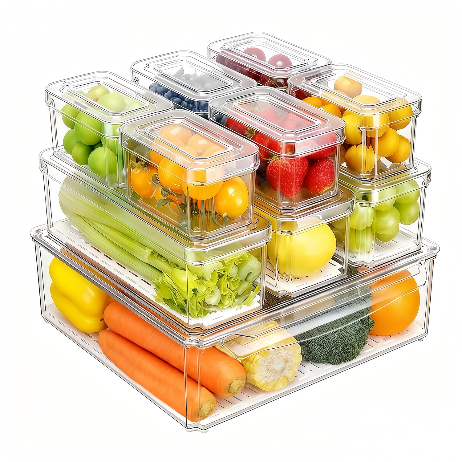 10-Pack Clear Fridge Organizer Containers with Lids, Stackable BPA-Free Refrigerator & Produce Storage Containers with Drain Tray & Anti-Slip Base for Fruits, Veggies & Drinks