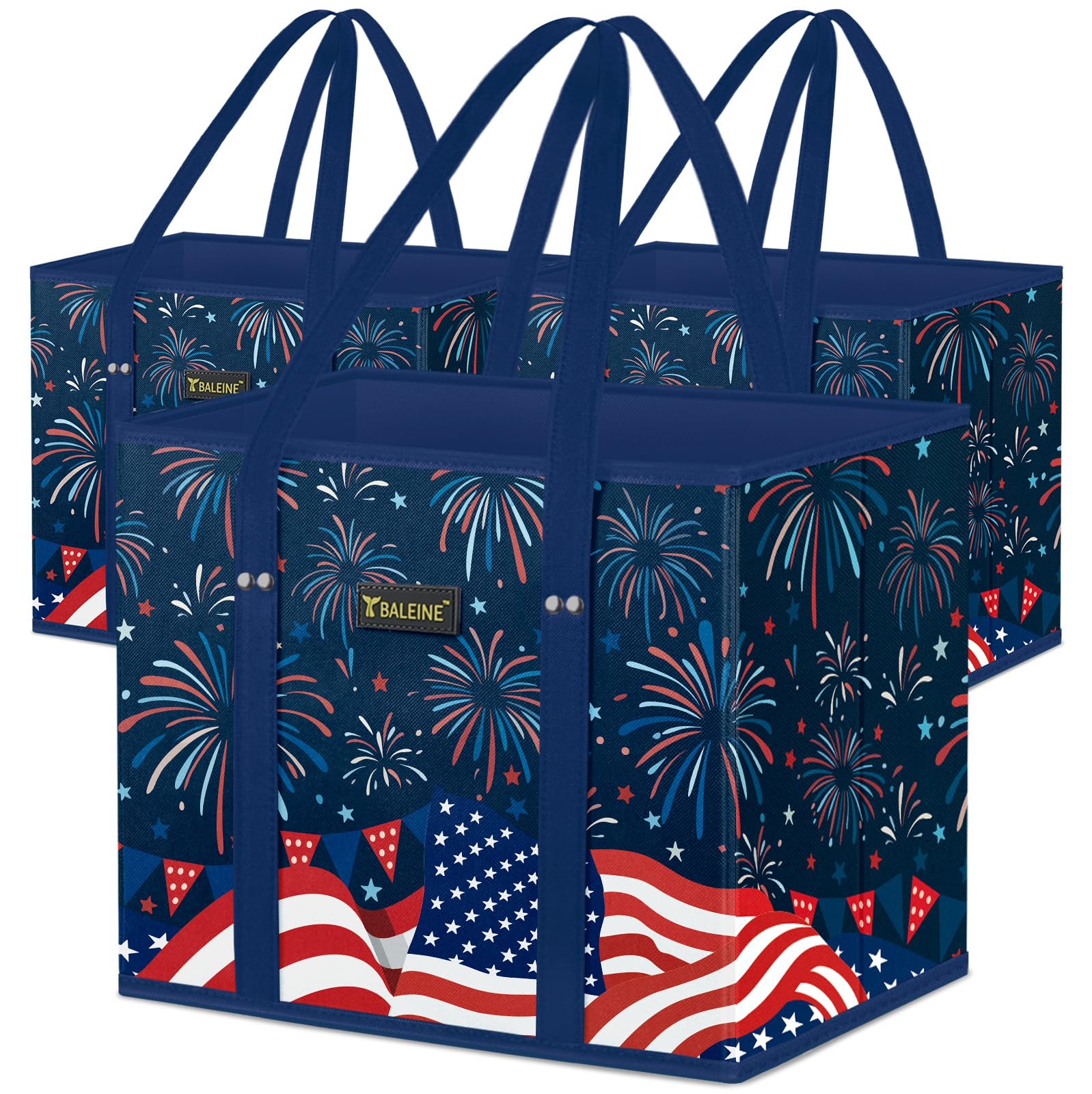 BALEINE 3Pk Reusable Grocery Bags, Foldable Shopping Bags for Groceries with Reinforced Bottom & Handles (Freedom Celebration)