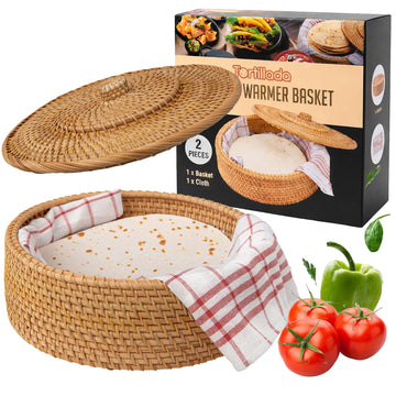 Tortillada - Tortilla Warmer 10 inch Rattan – Handmade Bread Basket for Tortillas, Wraps and Flatbread – Warming Basket incl. Cotton Cloth for Kitchen, Keeps Food Warm