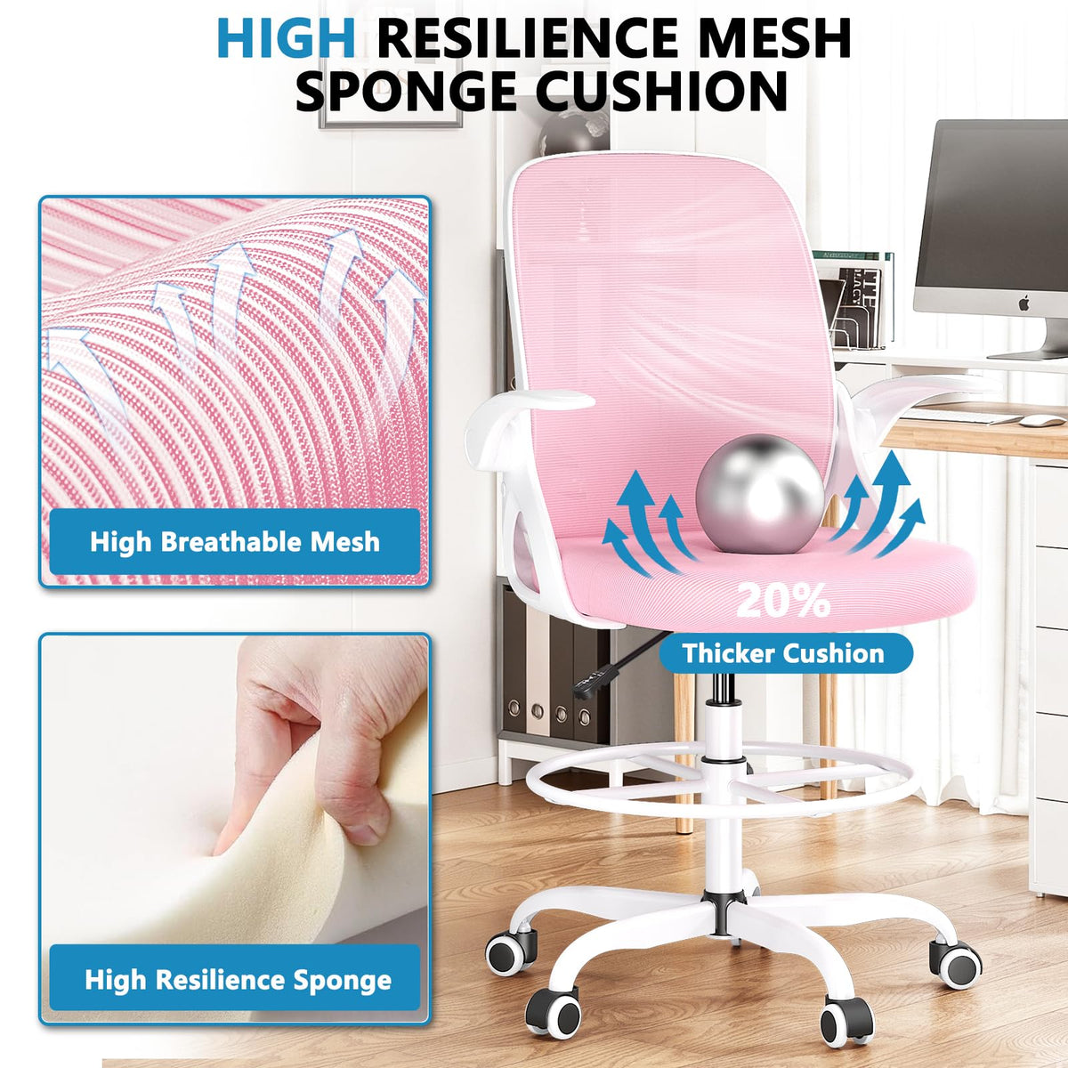 Kensaker Drafting Chair Tall Office Chair, Ergonomic Standing Desk Chair with Adjustable Foot Ring and Flip-up Armrests, Mesh Computer Chair