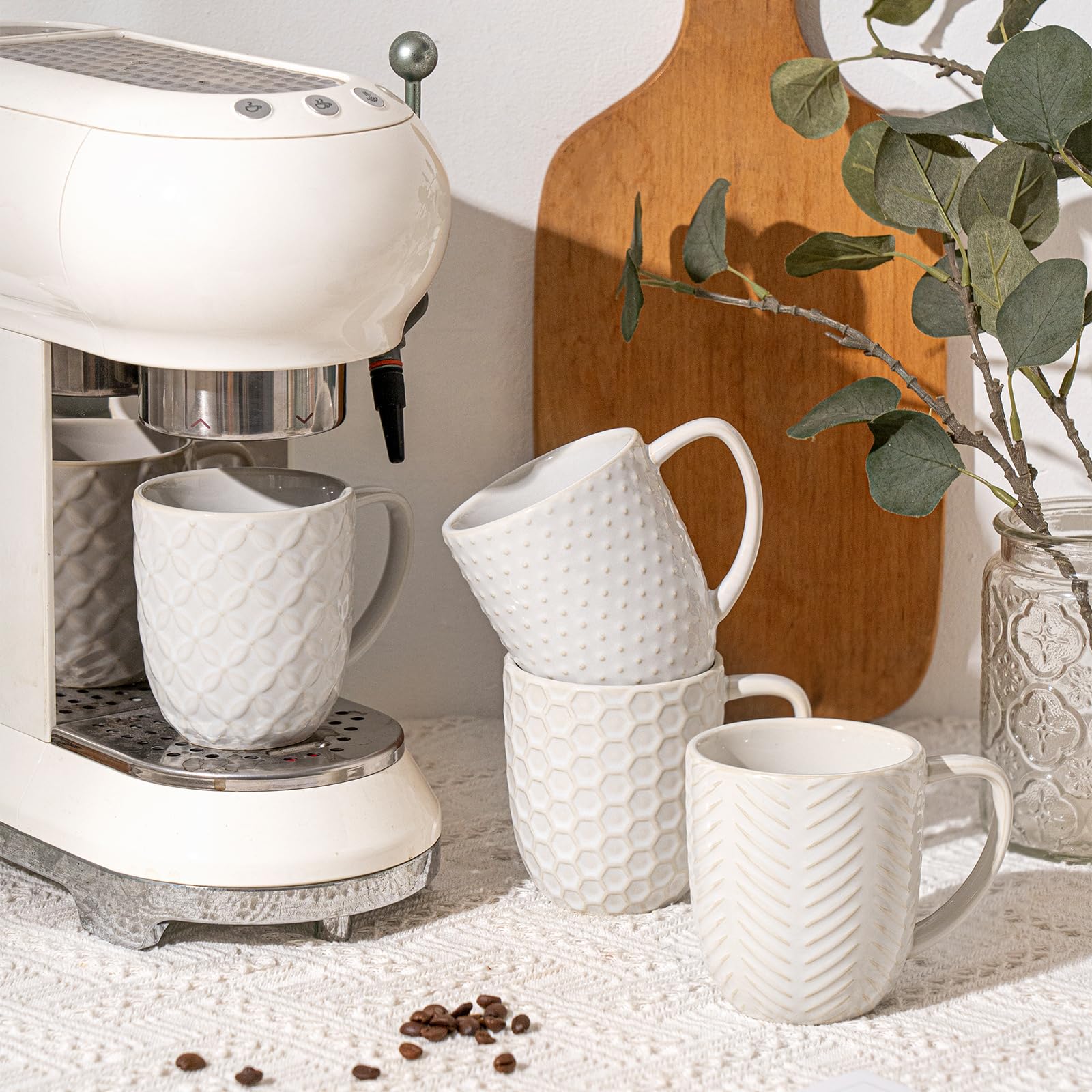 FOBENTA Ceramic Coffee Mugs Set of 4, 12oz Embossed Cups with Elegant Patterns – A Thoughtful Gift for Women, Mom, or Friends,Perfect for Tea, Latte, Cocoa (Arctic White, 12 OZ)