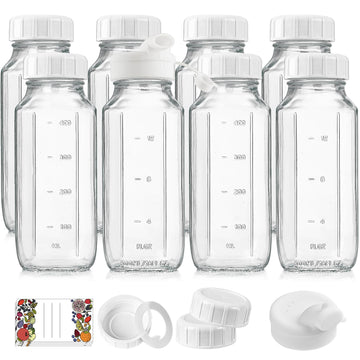 Syntic 8 Pack 16 Oz Glass Milk Bottles with Lids,2 Pour Spouts & Extra Lids