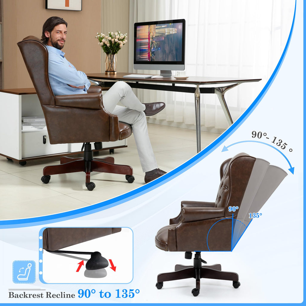 Big and Tall Executive Office Chair, Ergonomic 360° Swivel Recliner Chair, Retro Brown Faux Leather Home Office Desk Chairs W/button Tufted
