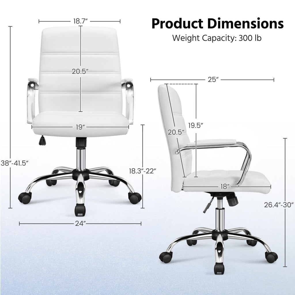 Yaheetech White Office Chair Pu Leather Swivel Rocking Desk Seat with Arms, 24? W × 25? D × (38-41.5)? H
