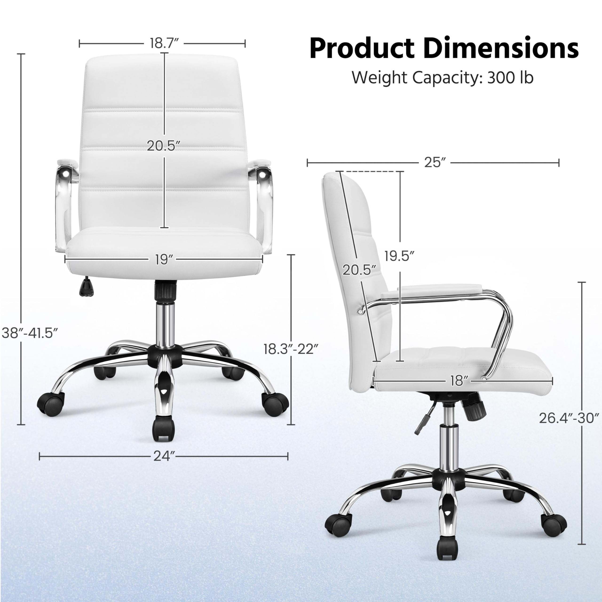 Yaheetech White Office Chair Pu Leather Swivel Rocking Desk Seat with Arms, 24? W × 25? D × (38-41.5)? H