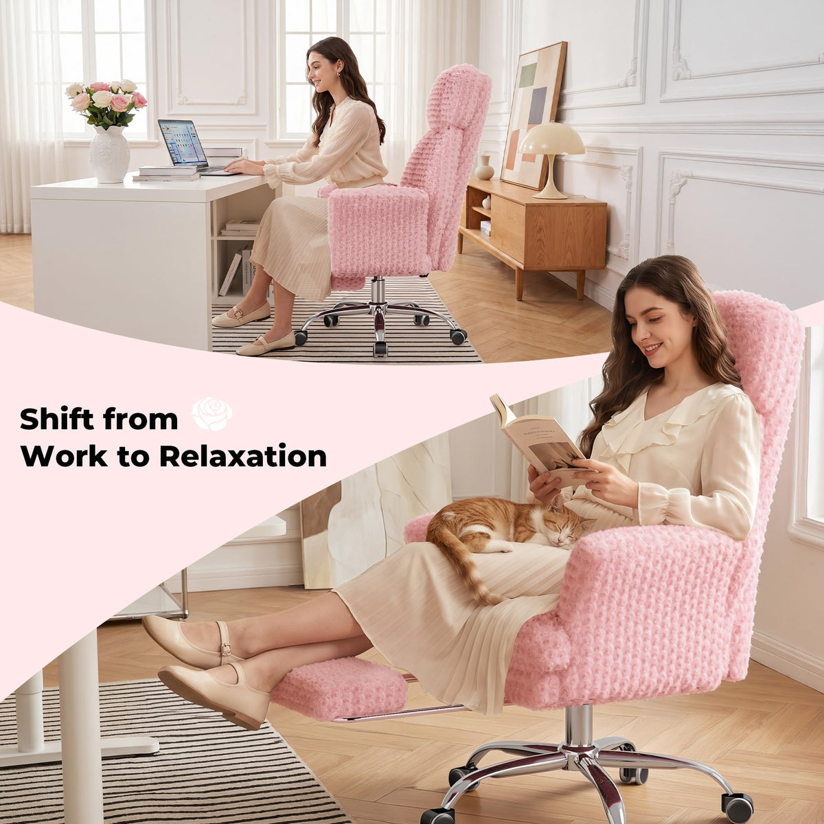 Homigropa Big and Tall Office Chair with Foot Rest & Flip Armrests, Pink Rose Velvet
