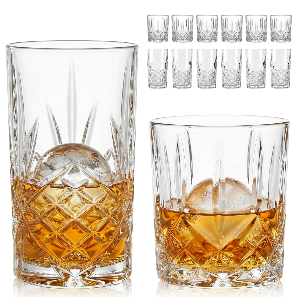 Moretoes Crystal Whisky Drinking Glasses Set of 12, Glass Cups, Mixed Glassware Set, 12 Oz Highball Glasses & 11 Oz Old Fashioned Glasses, Great for Cocktail and Other Beverages