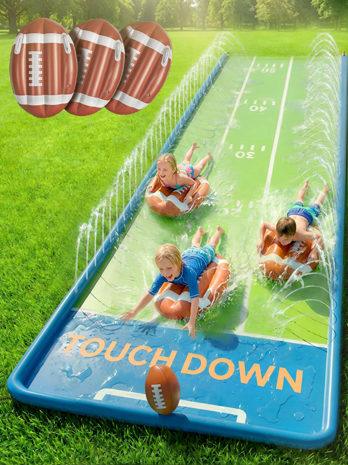 Funscape Triple Water Slides for Kids Backyard, 20FT Water Slide W/ 3 Bodyboards, 1 Inflatable Football, Outdoor Lawn Slip-n-Slider Yard Game W/Splash, Fun Summer Toy Family Party Gifts for Boys Girls