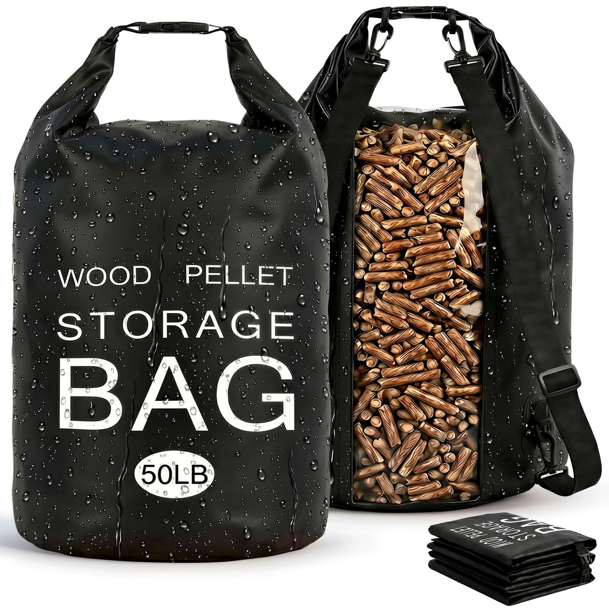 2 Pack Upgraded 50LB Waterproof Wood Pellet Storage Bag, Heavy Duty Pellet Storage Container with Backpack Straps, Smoker Pellet Bin Bag for BBQ Grill, Charcoal, Wood Chips & Heating Fuel