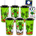 Minecraft Kids 16 Oz Reusable Cups - Video Game Party Favor 6 Piece Bundle with 16 Oz Cup with Lid and Straw Plus Stickers for Boys and Girls | Minecraft Tumbler with Straw