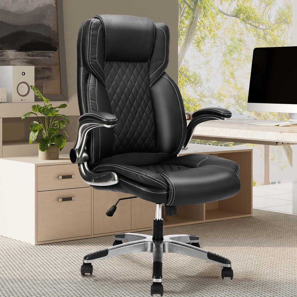 Reficcer Leather Executive Office Chair with Flip Up Arms, Black