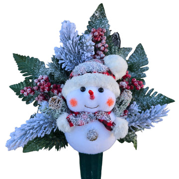 Cemetery Cone with a Chubby Snowman, Red Berries, and a Red Plaid Stocking Cap & Scarf - Christmas Memorial Decoration - Realistic Silk Faux Floral Artificial Grave Flowers -