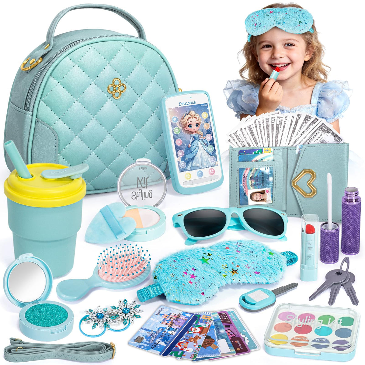 Hohosunlar Play Purse for Little Girl Gift, Toddler Purse with Accessories - Fake Makeup, Princess Elsa Toys, Handbag, Wallet, Phone, Keys, Water Bottle, Frozen Birthday Gift for Girl Age 3 4 5 6 7 8