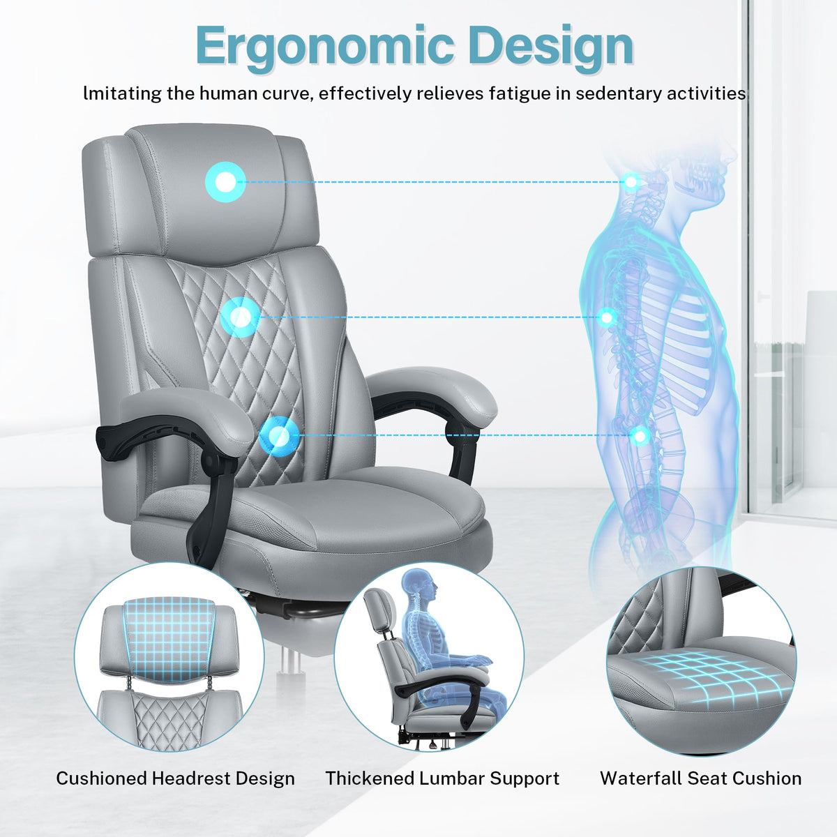 Executive Leather Office Chair, Big and Tall Office Chair with Footrest Home Office Desk Chairs, Ergonomic Computer Desk Chair with Lumbar