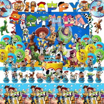 48PCS Toy Story Birthday Party Supplies Set, Including Happy Birthday Banner, Backdrop, Swirl Decorations, Balloons, Cake Topper, Cupcake Toppers, Tablecloth