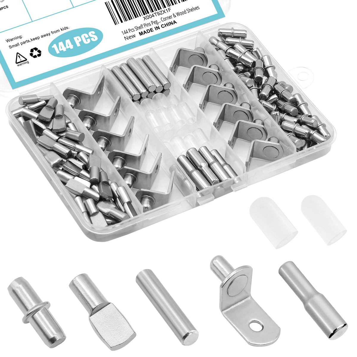 144 Pcs Shelf Pins Pegs Kit,5 Styles Metal Shelf Support Pegs,Cabinet Pegs for Shelves,Dual Diameter Shelf Pins with Silicone Covers,Shelf Bracket Holders for Furniture Glass Corner & Wood Shelves