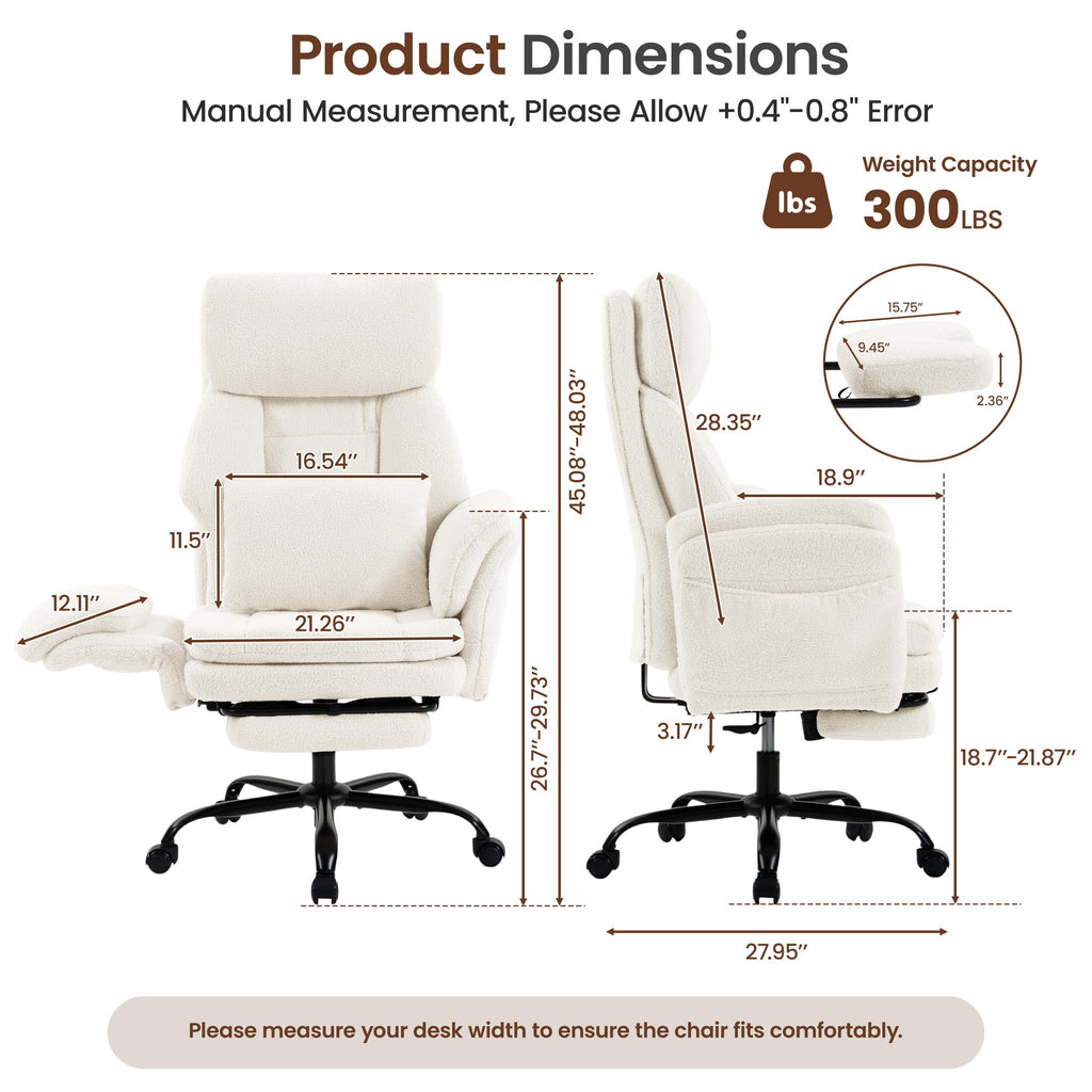 Fivewillowise Big and Tall Executive Office Chair with Foot Rest,reclining, 32"W*28"D*48"H, Teddy White