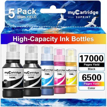 myCartridge SUPRINT Replacement for 502 Ink Refill Bottles - High Capacity 5 Bottles - Works with EcoTank ET-3850 ET-2850 ET-4850 ET-2800 ET-3760 ET-2980 ET-2988 Printer (2 Black,Cyan,Magenta,Yellow)