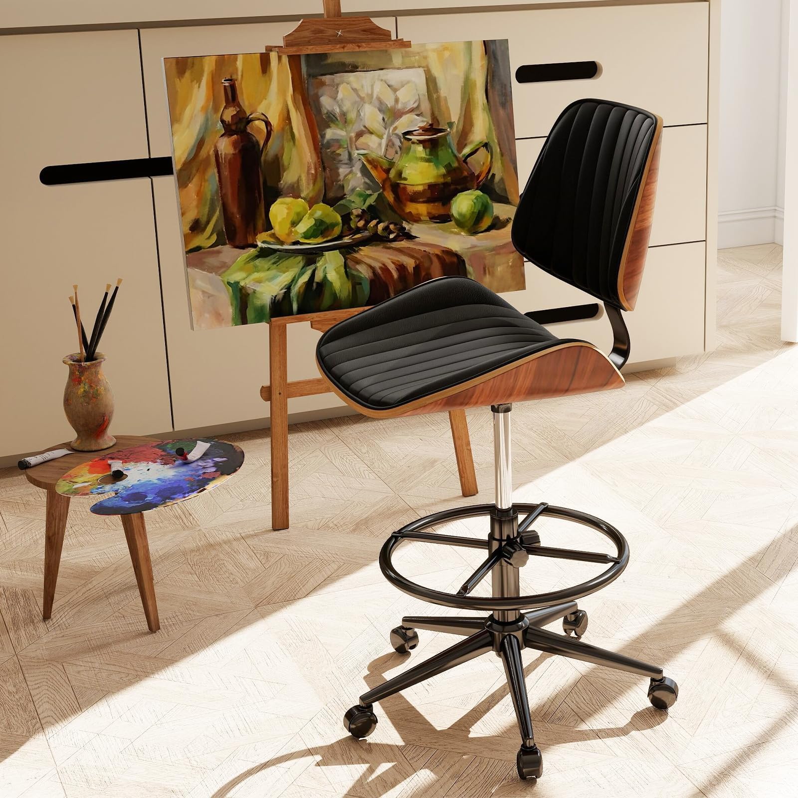 Deenziilix Drafting Chair for Standing Desk, Armless Tall Office Chair with Bentwood Backrest, Adjustable Height, Footrest Ring and Swivel