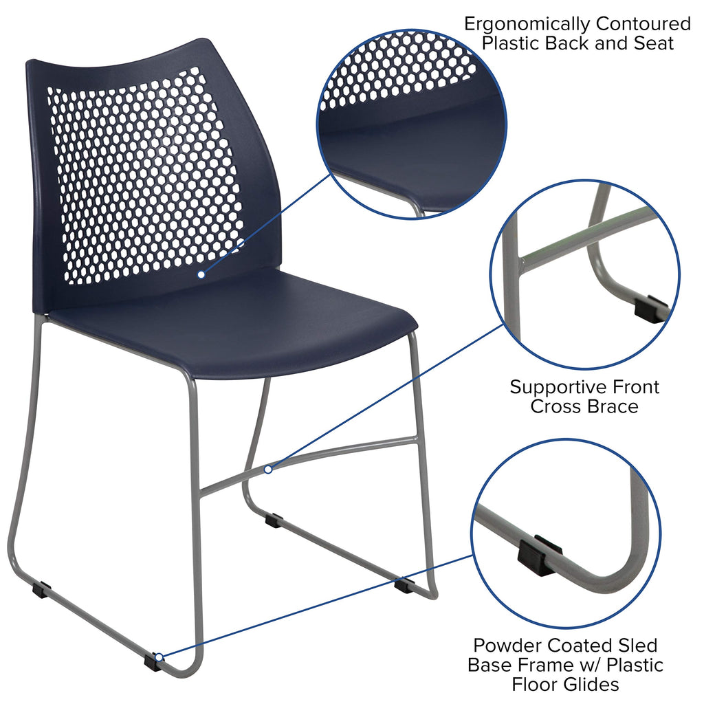 Emma + Oliver Home and Office Navy Sled Base Stack Chair with Air-vent Back, 18.25"W x 21"D x 32"H