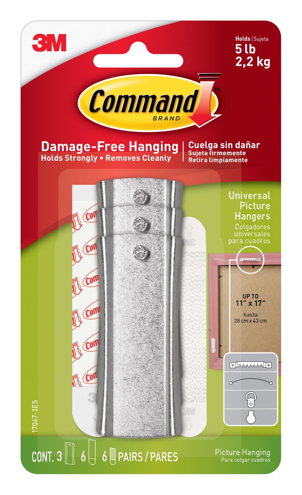 Command 5 lb Universal Picture Hanger, 3 Frame Hangers, 6 Command Strips and 6 Frame Stabilizer Strips for Sawtooth, D-Ring, Wire, Keyhole and Other Frames, Damage-Free Hanging for Home Decor