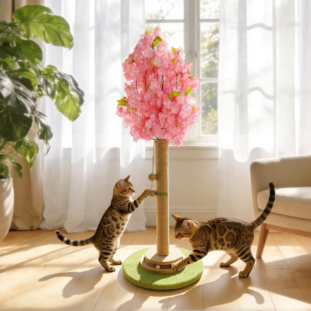 Cherry Blossom Cat Scratching Post, 36" Tall Natural Sisal Sturdy Base Tower with Interactive Trackball Toy for Indoor Kittens & Large Felines, Japanese Aesthetic Floral Furniture Decor