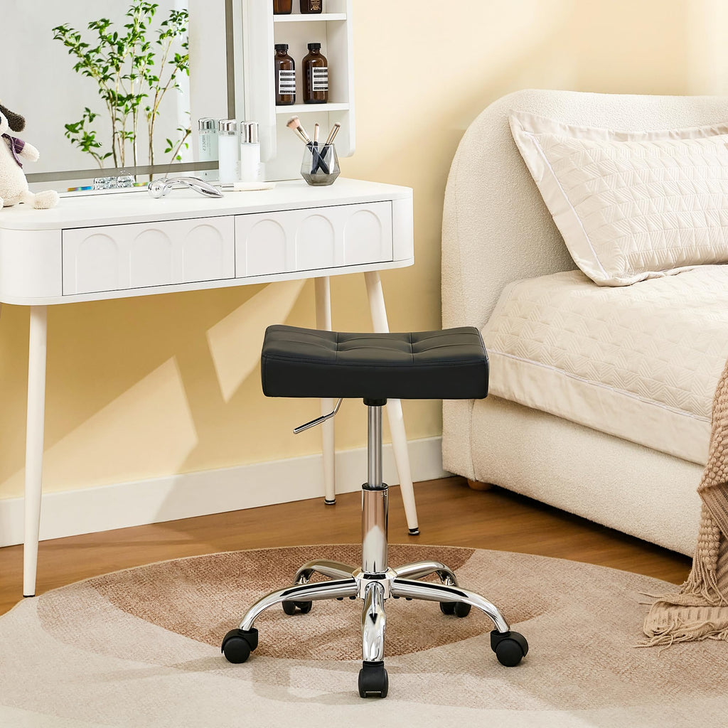 Firavoe Office Stool with Wheels (300lbs Capacity) (adjustable Height 17-21 Inch) Black Faux Leather Workbench Stool (black)