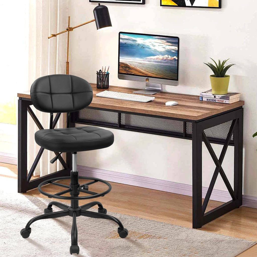 Klasika Drafting Stool with Backrest, Tall Adjustable Height Office Chair, Pu Leather Swivel Rolling Stool with Footrest & Wheels for Standing
