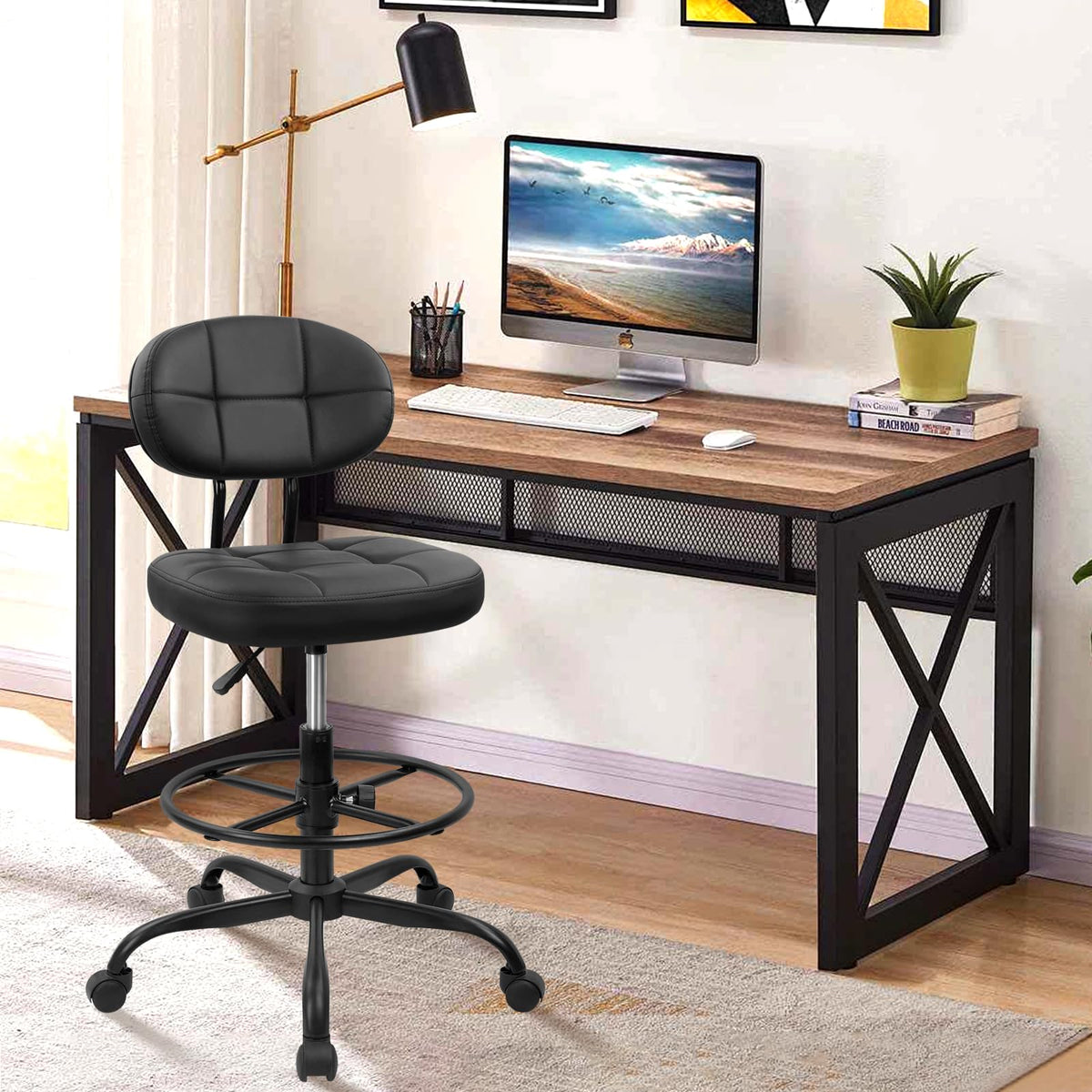 Klasika Drafting Stool with Backrest, Tall Adjustable Height Office Chair, Pu Leather Swivel Rolling Stool with Footrest & Wheels for Standing