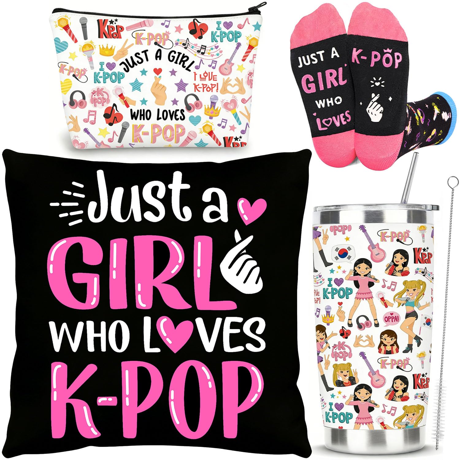 Kpop Gift Set Includes 20oz Tumbler, Throw Pillow Cover, Socks & Makeup Bag Just a Girl Who Loves K-pop Room Decor Birthday Gifts for Kpop Music Fans (Black)