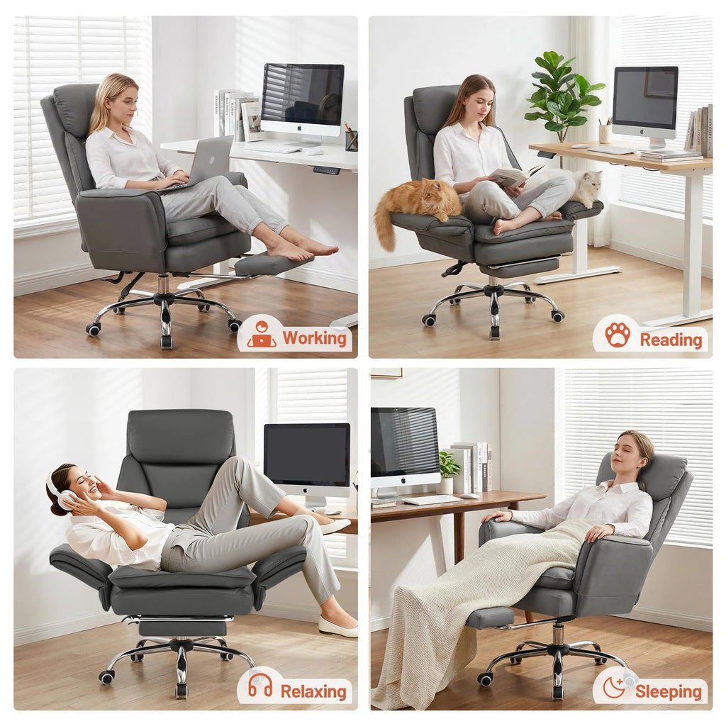 Furniliving Big and Tall Office Chair, Executive Reclining Computer Gaming Chair with Foot Rest, Flip Armrest & Lumbar Pillow, Thicken Wider