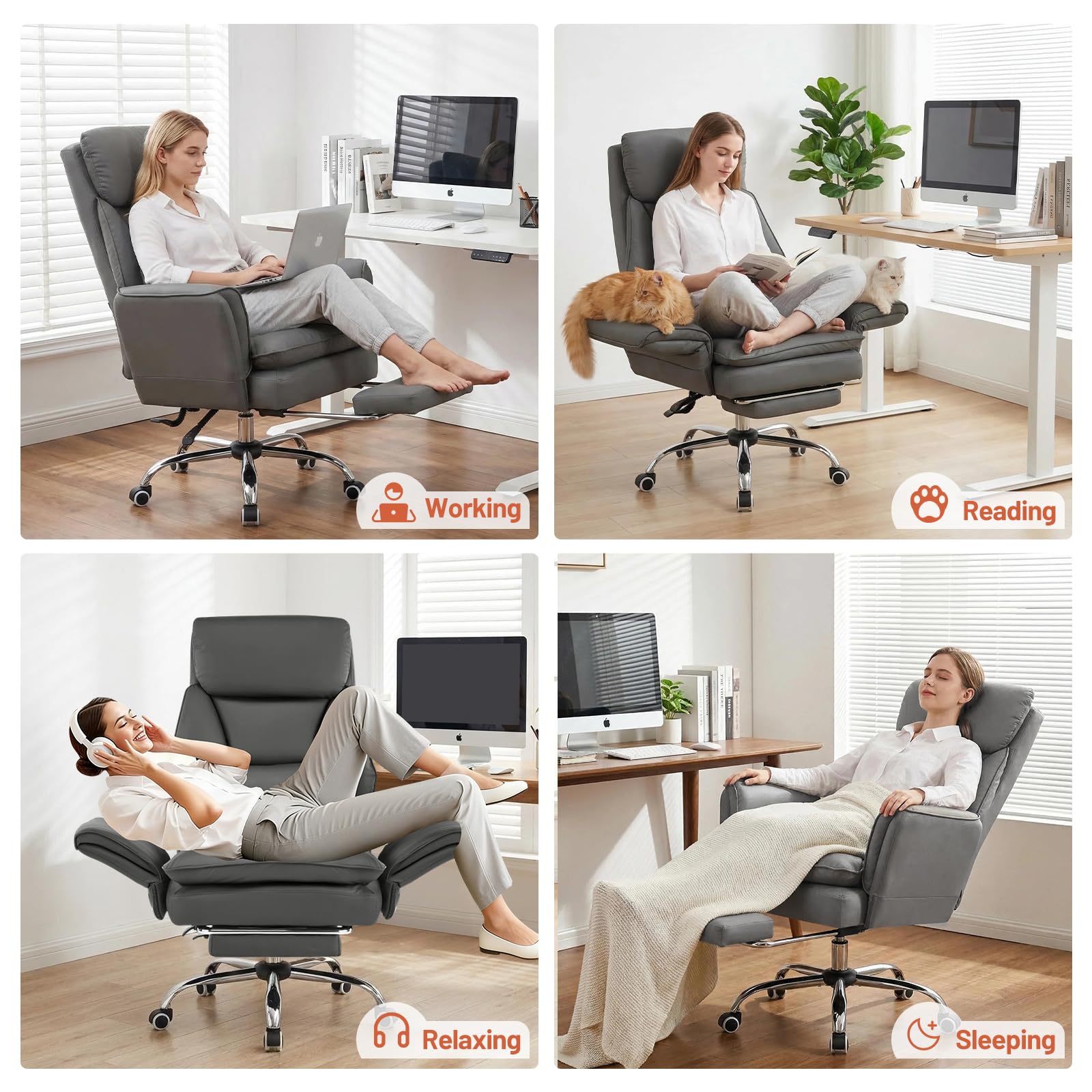 Furniliving Big and Tall Office Chair, Executive Reclining Computer Gaming Chair with Foot Rest, Flip Armrest & Lumbar Pillow, Thicken Wider